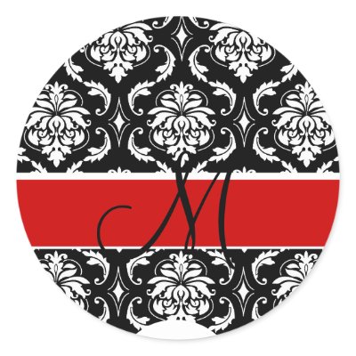 Elegant Monogram Damask Wedding Sticker Red