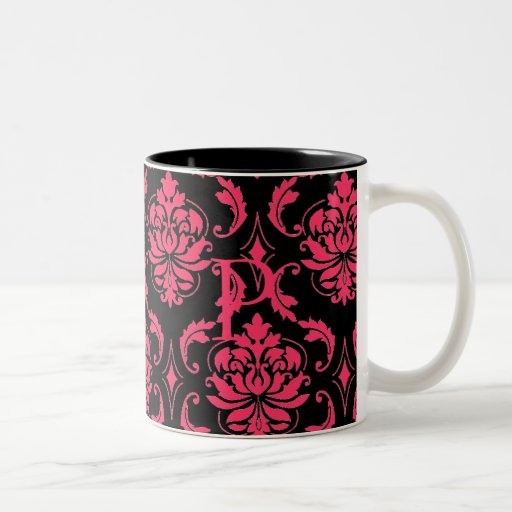 Elegant Monogram Hot Pink Damask Coffee Tea Mug