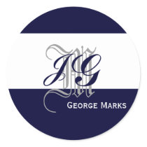 Elegant Monogram Navy White Grey Wedding Seal Sticker