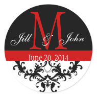Elegant Monogram & Swirls Red Black Wedding sticker
