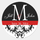 Elegant Monogram & Swirls Wedding Seal Red Round Stickers