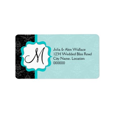 Elegant Monogram Turquoise Damask Custom Address Label