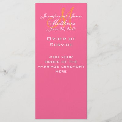 Elegant Monogram Wedding Church Programs Pink Custom Rack Card