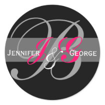 Elegant Monogram White Black Fuchsia Wedding Seal Round Stickers