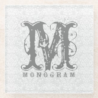 Elegant Monogram White & Gray Damasks Glass Coaster