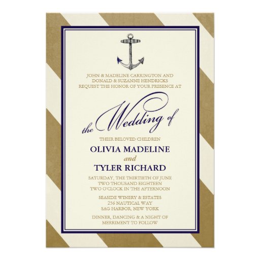 Elegant Nautical Navy & Gold Wedding Invitations (front side)