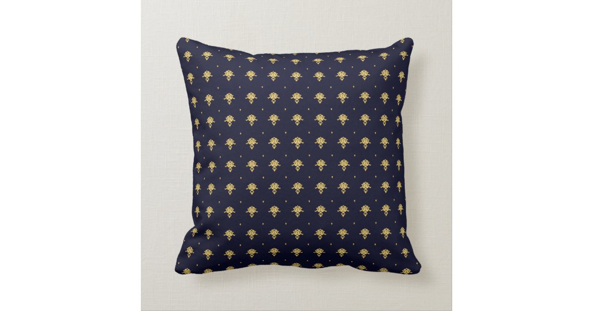 Elegant Navy Blue and Gold Damask Square Border Throw Pillow Zazzle
