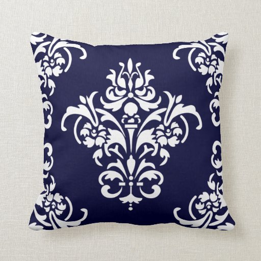 Elegant Navy Blue and White Damask Pillow Zazzle