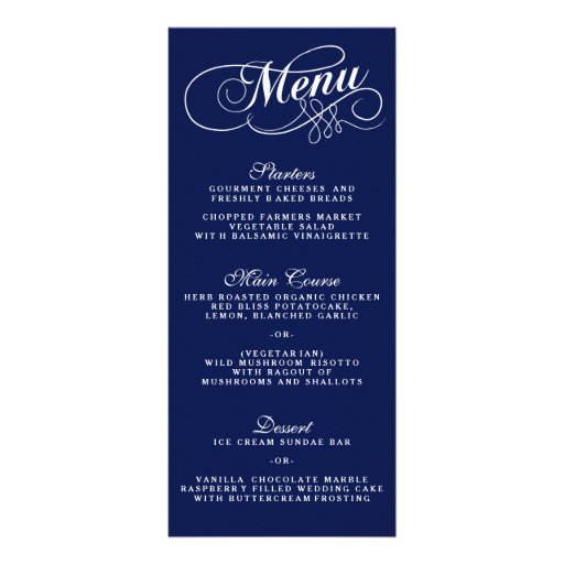Elegant Navy Blue And White Wedding Menu Templates Personalized Rack Card Zazzle Personalized Menu Template