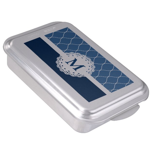 Elegant Navy Blue Lace Pattern - Custom Monogram Cake Pan-3