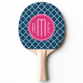 Elegant Navy Blue Quatrefoil with Pink Monogram Ping-Pong Paddle