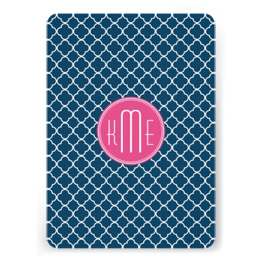 Elegant Navy Blue Quatrefoil with Pink Monogram Custom Announcement