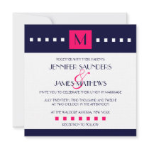 Elegant Navy Hot Pink Monogram Wedding Invitation
