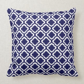 Elegant Navy Moroccan Trellis Quatrefoil Clover Pillow