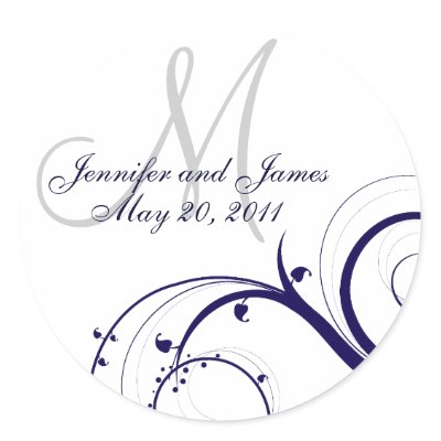 Elegant Navy White Swirl Monogram Wedding Seal Stickers