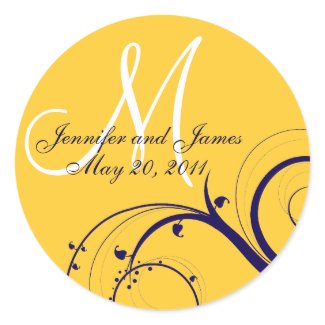 Elegant Navy Yellow Swirl Monogram Wedding Seal sticker