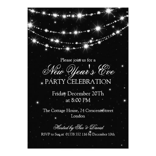 Elegant  New Years Eve Sparkling Chain Black Invites (front side)