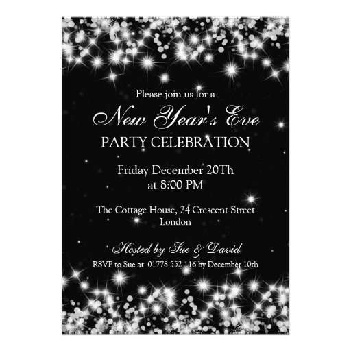 Elegant  New Years Eve Winter Sparkle Black Personalized Invite