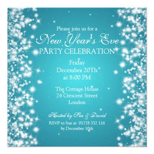 Elegant New Years Eve Winter Sparkle Blue Personalized Invite (front side)