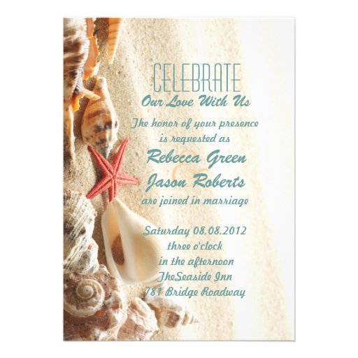 elegant ocean sand seashells beach wedding invitations (front side)
