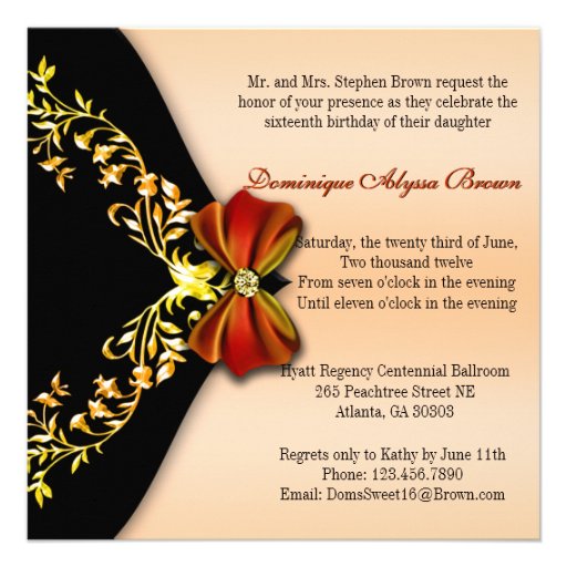 Elegant Orange and Black Invite with Diamond Bow