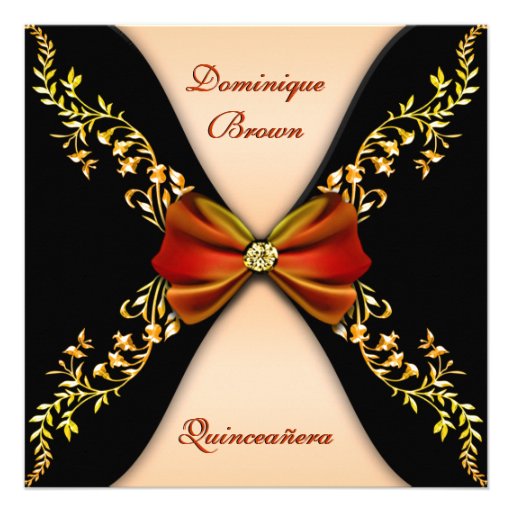 Elegant Orange Black Diamond Bow Quinceanera Custom Invitations