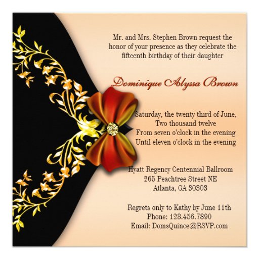 Elegant Orange Black Diamond Bow Quinceanera Custom Invitations