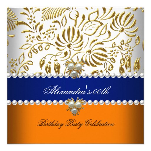 Elegant Orange Navy Blue Gold Damask Pearl Party Personalized Invites