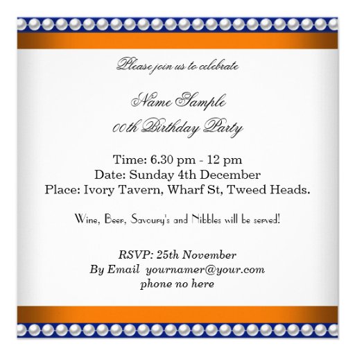 Elegant Orange Navy Blue Gold Damask Pearl Party Personalized Invites