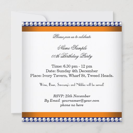 Elegant Orange Navy Blue Gold Damask Pearl Party Invitation Zazzle