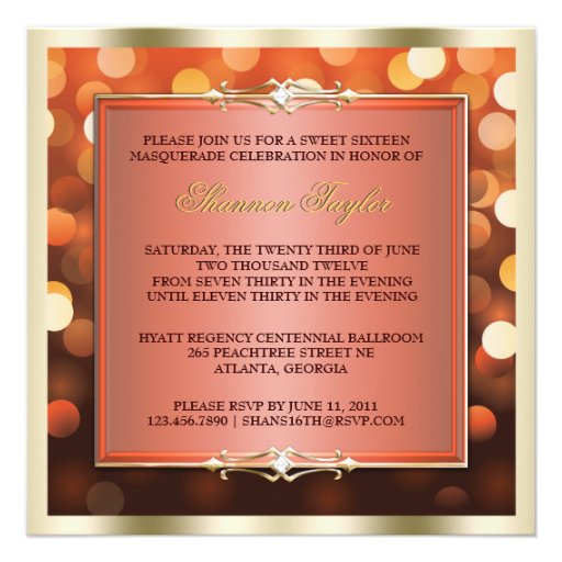 Elegant Orange Shimmering Lights Bokeh Masquerade Announcement