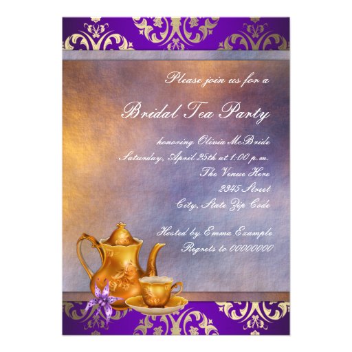 Elegant Orchid Gold and Purple Bridal Tea Party Custom Announcement