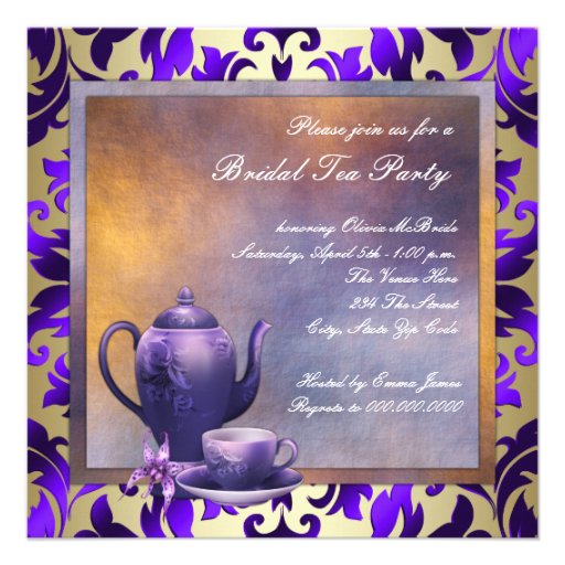 Elegant Orchid Gold Purple Bridal Tea Party Custom Invite