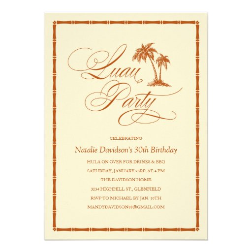 Elegant Palm Tree Hawaiian Luau Party Invitations (front side)