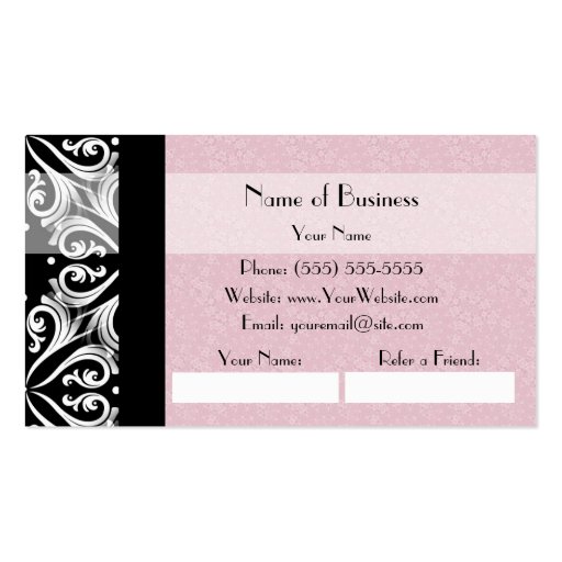Elegant Parisian Damask Pink Ribbon Refer a Friend Business Card (back side)