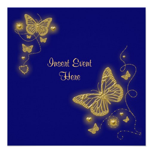 Elegant party gold butterfly heart blue royal invitation