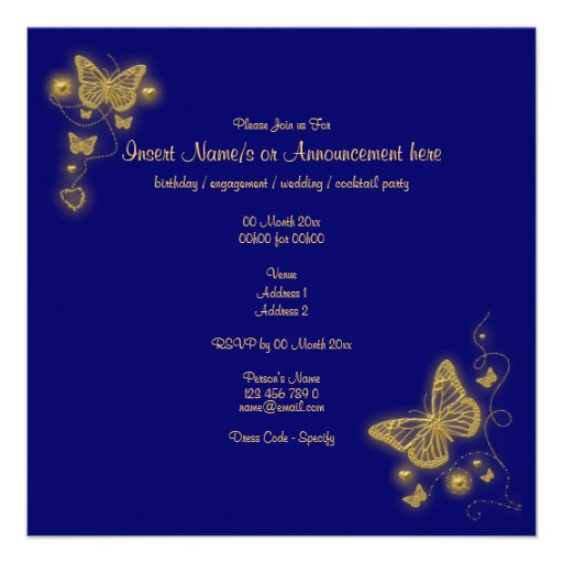 Elegant party gold butterfly heart blue royal invitation