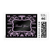 Elegant Pastel Pink and Black Damask Thank You! Postage Stamps