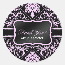 Elegant Pastel  Pink and Black Damask Thank You Sticker