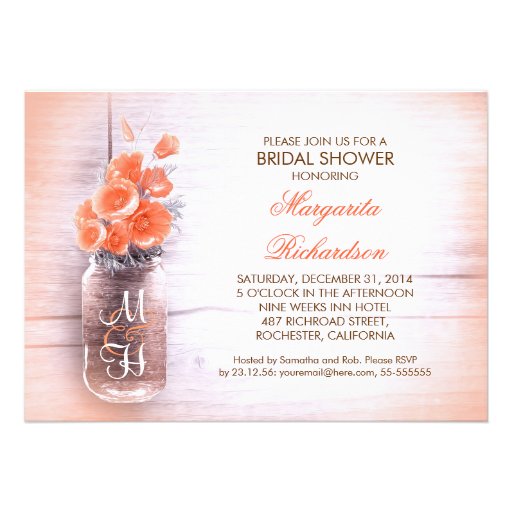 elegant peach flowers mason jar bridal shower personalized invite