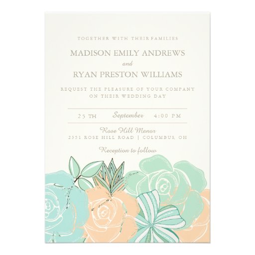 Elegant Peach Roses Mint Floral Wedding Invitation