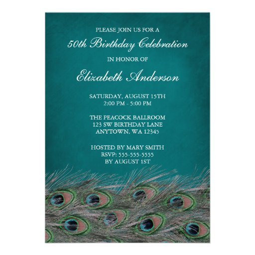Elegant Peacock 50th Birthday Party Invitations (front side)