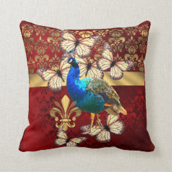 Elegant peacock, butterflies & red damask pillow