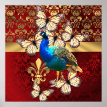 Elegant peacock, butterflies & red damask print