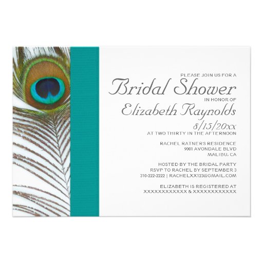 Elegant Peacock Feather Bridal Shower Invitations (front side)