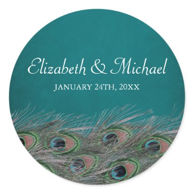 Elegant Peacock Feathers Round Wedding Favor Label Round Sticker