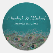 Elegant Peacock Feathers Round Wedding Favor Label Round Sticker