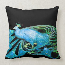 ELEGANT PEACOCK IN AQUA BLUE Teal Black Throw Pillows