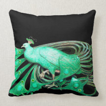 ELEGANT PEACOCK IN GREEN BLACK THROW PILLOW
