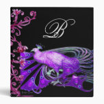 ELEGANT PEACOCK IN PURPLE BLACK MONOGRAM 3 RING BINDERS